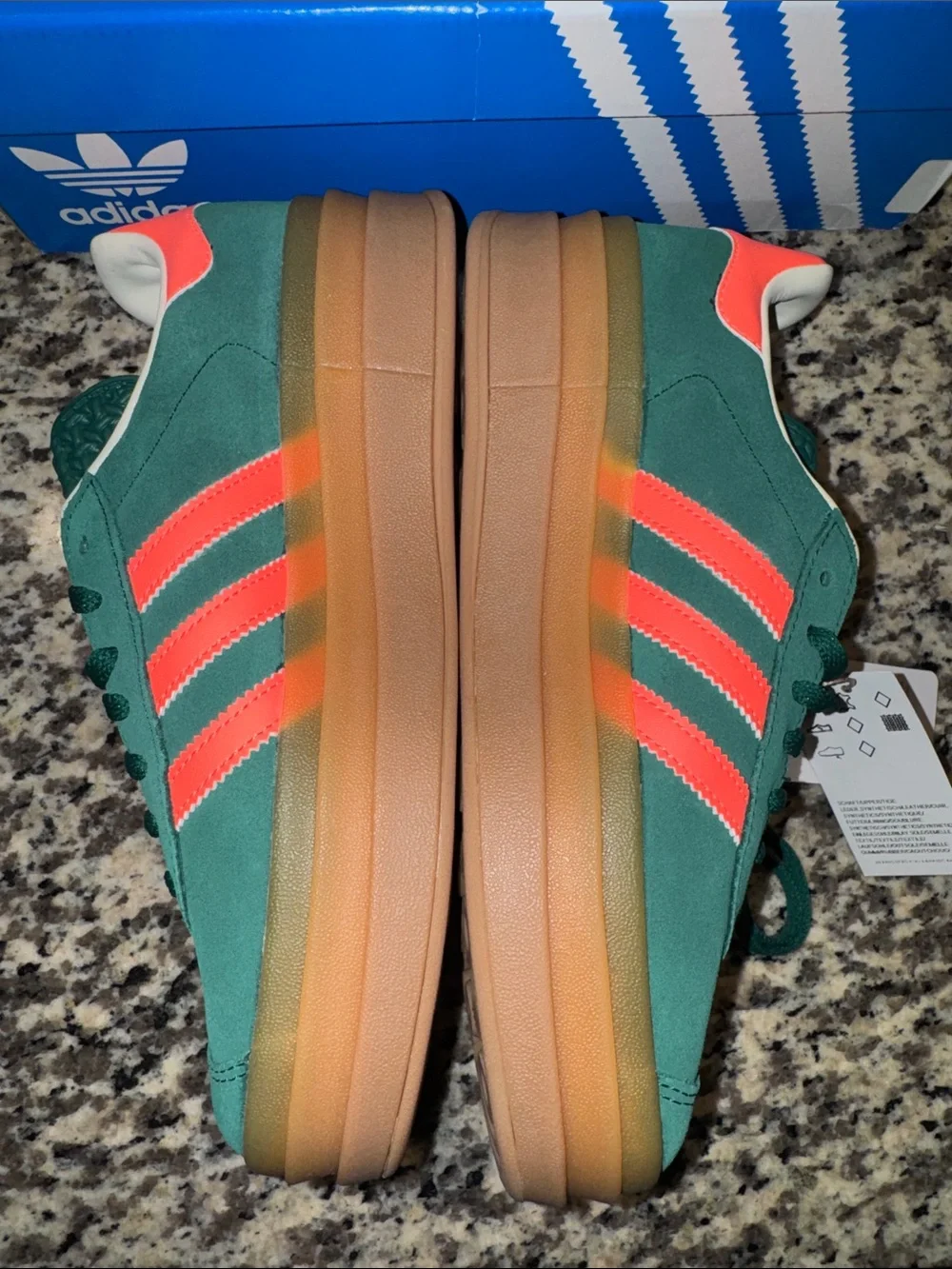 🆕 adidas Bold Triple Stack Gazelle Kids Green Suede w Orange Sneakers. 7. NWT!🔥🔥